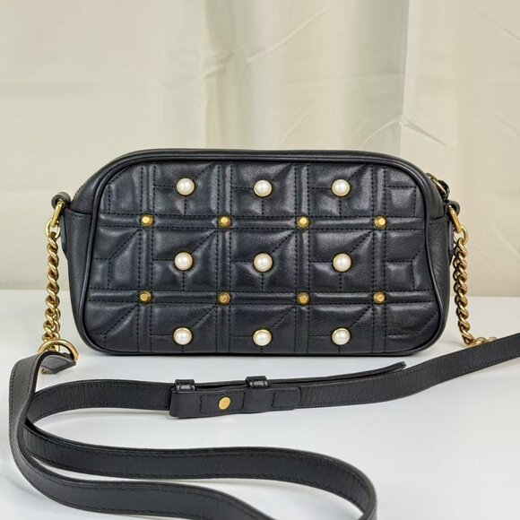 Gucci Black Leather Marmont Shoulder Bag Crossbody with Pearl Embellished - Picture 3 of 9